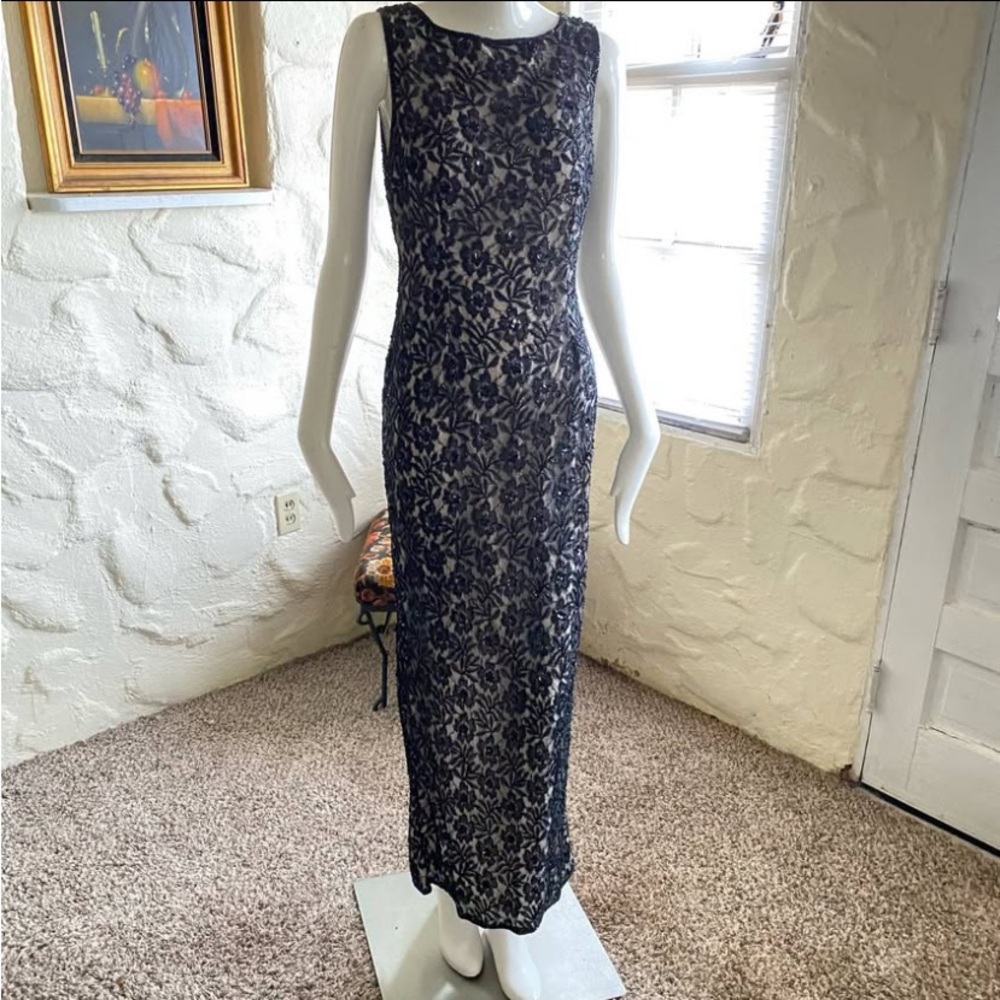 Vintage Stenay Black Beaded Maxi Cocktail Dress Sleeveless Illusion Lined SM